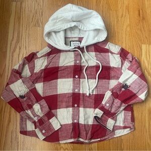 American Eagle Outfitters Red and Cream Cropped Plaid Shirt